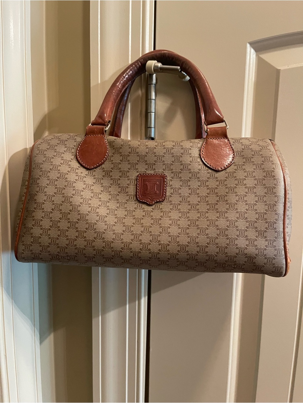 Celine Beige Canvas Bowling Bag with Brown Leather Trim